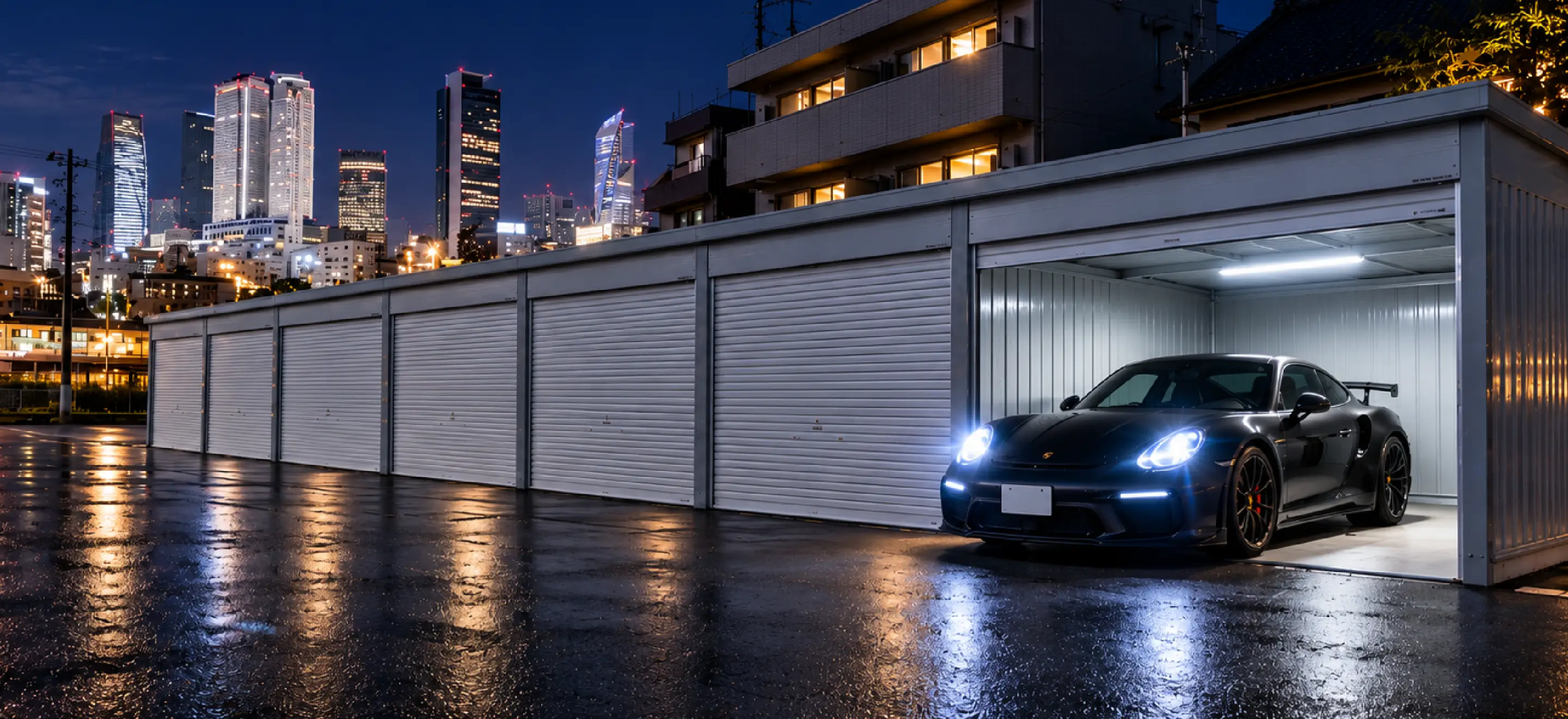 夜の都市型ガレージと高級車